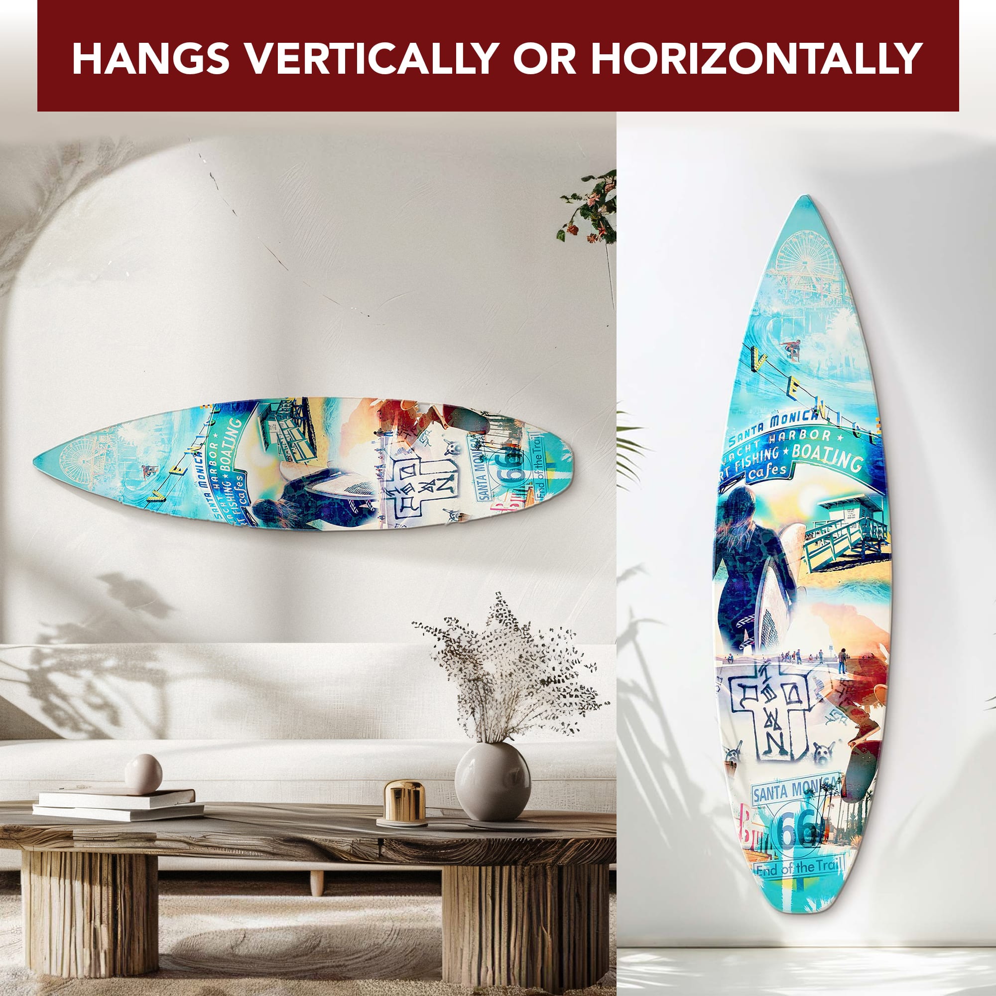 American Art Decor Dogtown Collage Surfboard Plaque Wall Sign - 15" x 59.625"